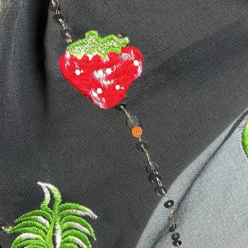 Black Sheer Scarf with Fruit Embroidered Embellishments Whimsy Fairy Vacation Fa